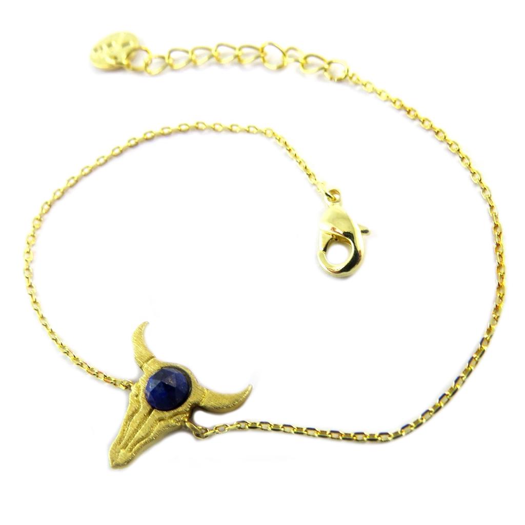7bis [Q0980] - Handmade 'Boho' Gold Blue Bracelet (bison Skull) - 14x14 Mm