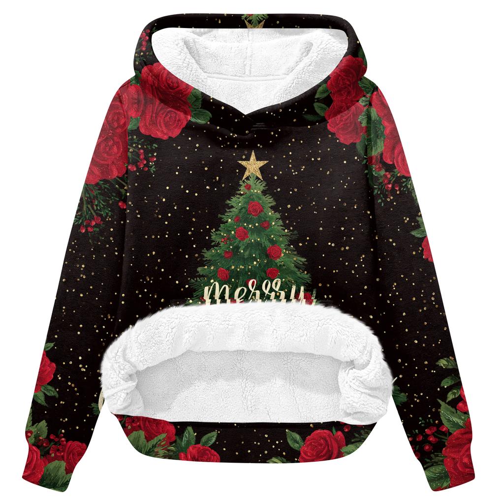 Women's Casual Fashion Plus Velvet Thickened Christmas Print Hooded Sweatshirt