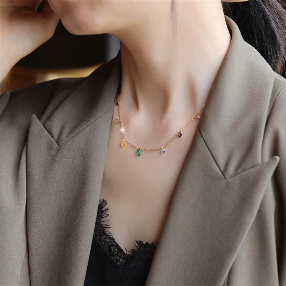 Punk Clavicle Small Multicolor Zircon Pendant Female Gold Color Stainless Steel Choker Necklace Chain for Women Jewelry Gift