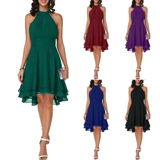 Women Elegant Solid Color Soft Halter Sleeveless Asymmetric Hem One Piece Dress