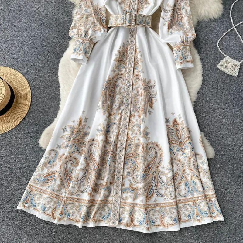 Women Long Sleeve Printed Bohemia Casual Vacation Midi A Line Dress