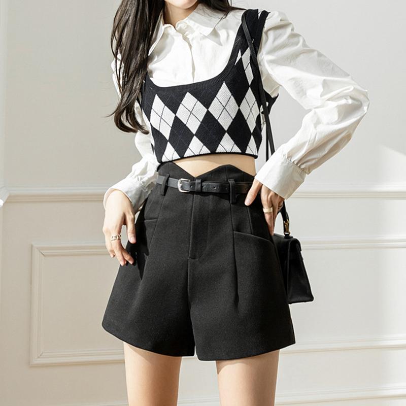 Tweed Shorts Women's Solid Color Casual High Waist Wide Leg Pants