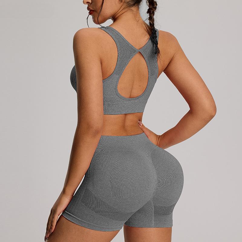 Summer Sexy Back Hollow Out Seamless Yoga Set Women Fitness Outfits Peach Hip Shorts Suit Shockproof Sports Bra Gym Running Suits