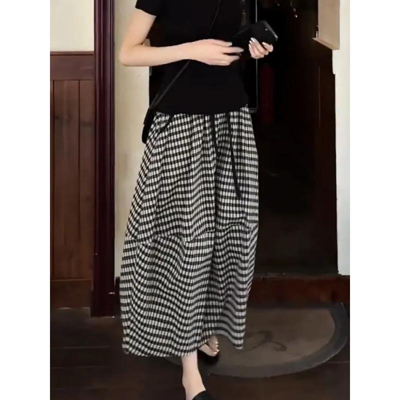 Klassischer Damen Sommer Neuer Elastischer Bund Kordelzug Knospe Temperament Karierter Rock