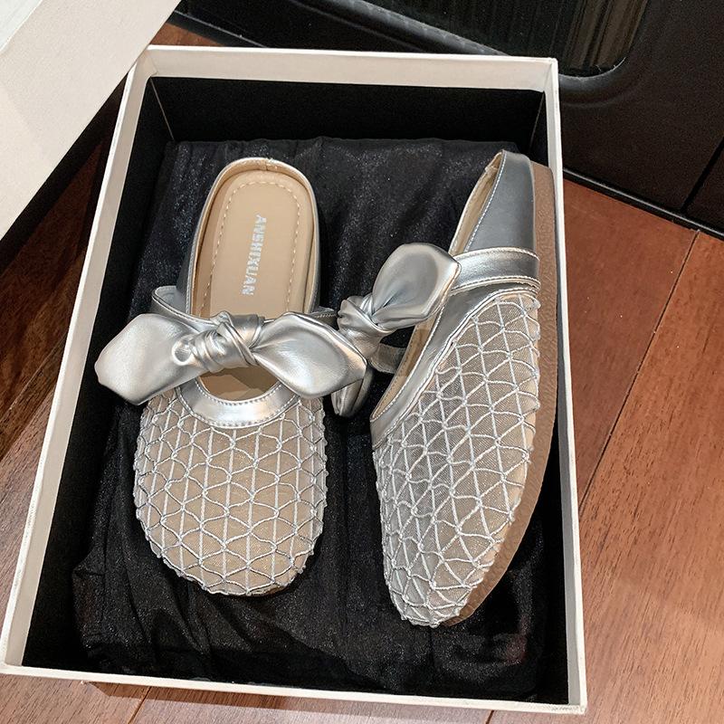 French flat-bottom bow fishing net bag head half slippers women's summer wear 2025 new one-pedal single shoes sandals