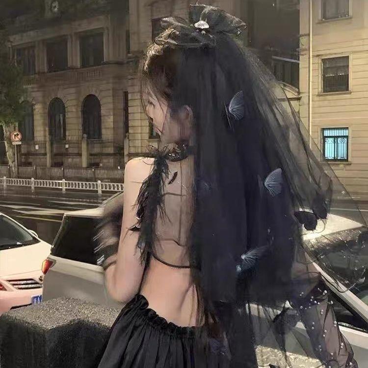 Gothic Runaway Bride Veil - Halloween Dark Princess Headpiece with Bow - Victorian Spooky Accessory