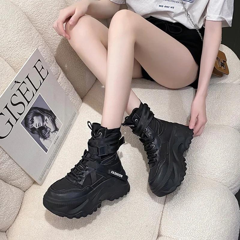 Fashion Autumn Thick Sole Elevated Red Sports Shoes Female 2025 New Dad Shoes Korean Edition Simple Women's Shoes High Top Casual Shoes