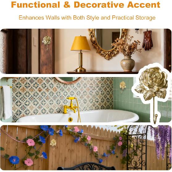 Gold Decorative Wall Hook Set Rose Flora Cute Hooks Vintage Brass Whimsical Flower Hooks for Towel Coat Hat Key Bag Scarf Robe Bathroom and Room
