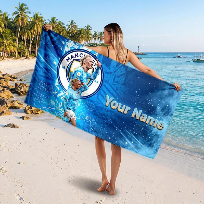 Erling Haaland Custom Beach Towel, Personalized Name Text Print, Football Logo Soft Quick‑Dry Towel Holiday Gift