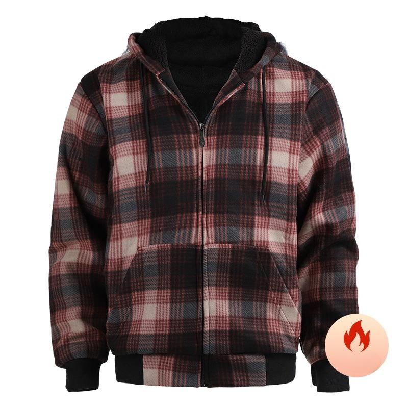 Warm Thick Fleece Plaid Shirt Jacket for Men Winter Sherpa Lined Hoodie Flannel Shirts Coat with Pockets Men's Windproof Zip Up Jackets with Hood