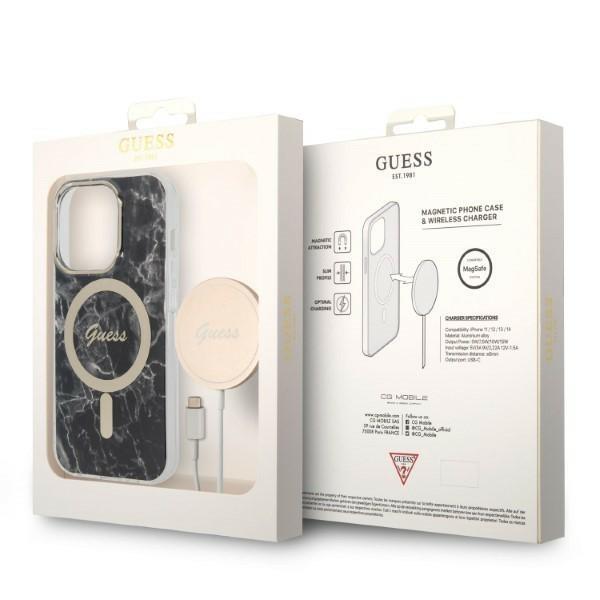 Guess GUBPP14XHMEACSK Case+ Charger Set iPhone 14 Pro Max 6.7" black/black hard case Marble MagSafe