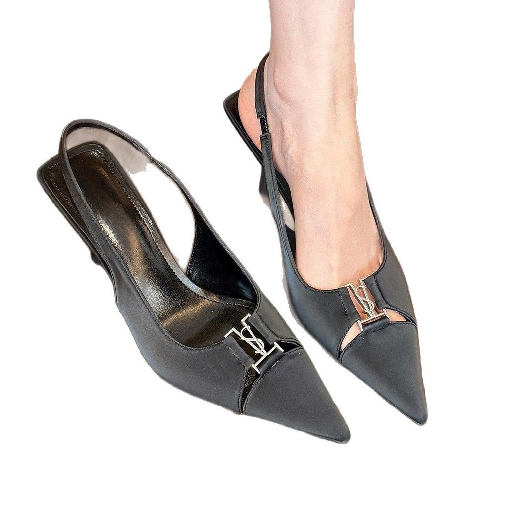 Spice girl Tiancai! Premium silver pointed stilettos women's spring and summer light mouth back empty sandals black Lycra black