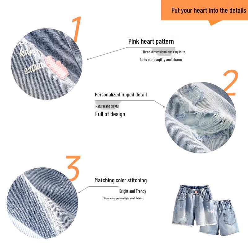 Girl's Summer Heart Ripped Denim Shorts