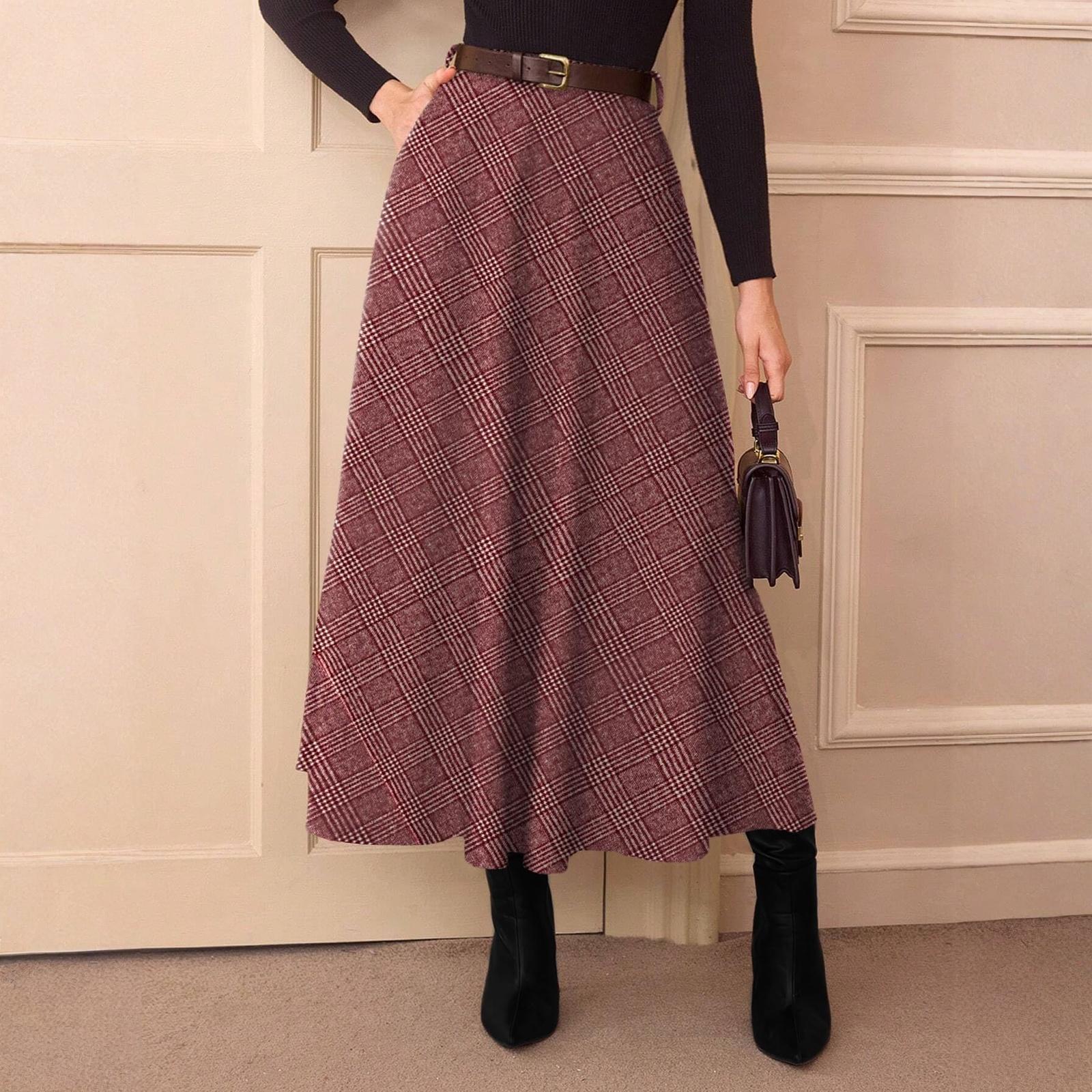 

Women Flared Vintage High Waist A Line Tartan Skirts With Pockets Plaid Skirts XXL червоний
