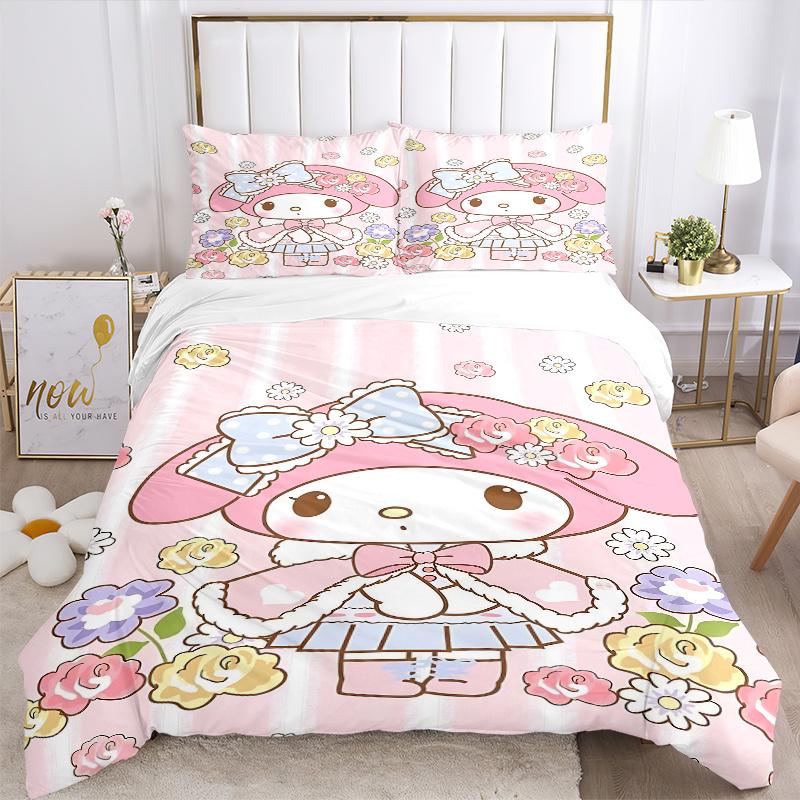 3pcs My Melody's Floral Fantasy Printed Duvet Cover Set (1 * Cover+2 * Pillowcase, Without Core), Suitable for Home Bedroom, Guest Room, Dormitor