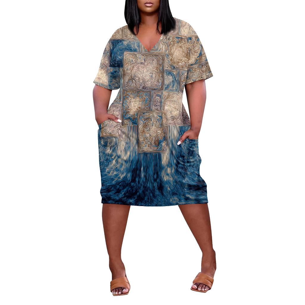 Letní nadměrné velikosti V výstřih krátký rukáv ke kolenům kapsa potisk ležérní šaty pro ženy