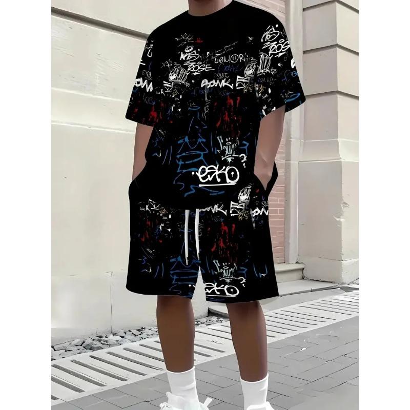 Men's Casual Graffiti Print T-Shirt & Shorts Set Summer Breathable Two-Piece Outfit for Beach, Vacation & Outdoor Leisure