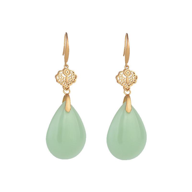 925 Sterling Silver Ruyi Water Drop Jade Earrings - Versatile Hollow Inlaid Design for Women