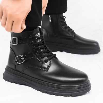Large Size Black Martin Boots Men's British Tooling Boots Outdoor Trendy Shoes Medium Top Leather Boots Men's Autumn Casual