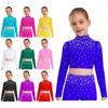 Girls Jazz Dance Costume Mock Neck Long Sleeve Crop Top Keyhole Back Sparkling Rhinestones Tops