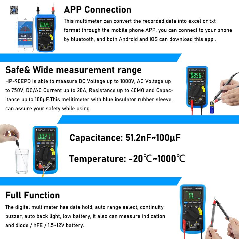 HP-90EPD-APP-C DIGITAL MULTIMETER,Real effective value automatic range digital multimeter with APP function,6000counts digit LCD