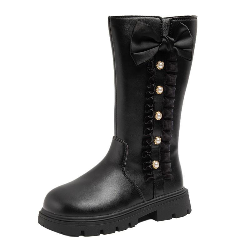 Autumn Winter Girls Boots Bow Lace Princess Shoes Outdoor Non-slip Child High Top Boots Windproof Waterproof Kids Casual Shoes