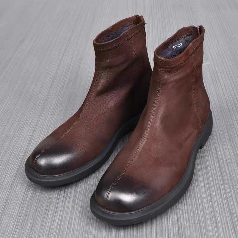 British leather boots men's shoes autumn and winter velvet medium top Martin boots sleeve zipper Chelsea soft leather casual leather boots