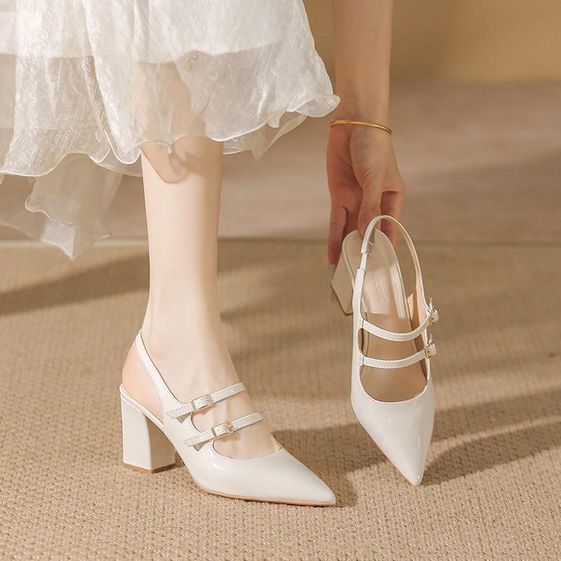 Nude high heels female pointed new autumn patent leather back empty temperament single shoes fairy thick heel summer sandals
