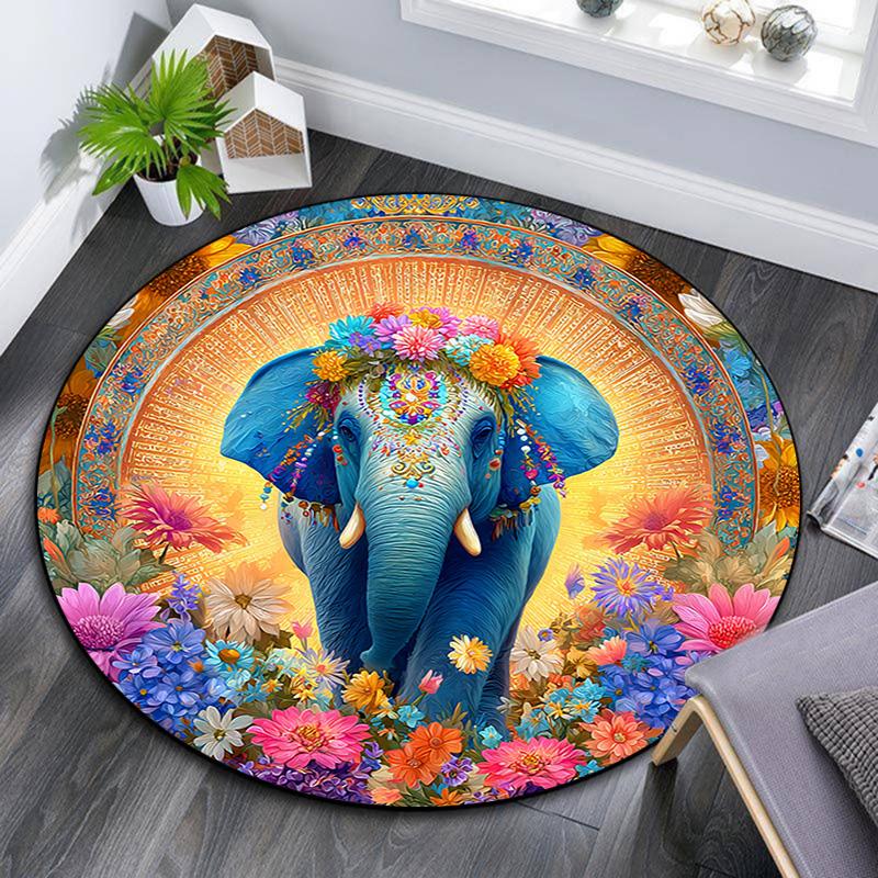 Elephant Round Area Rug,Carpet Rug for Living Room Bedroom Sofa Playroom Decor,Non-slip Floor Mat