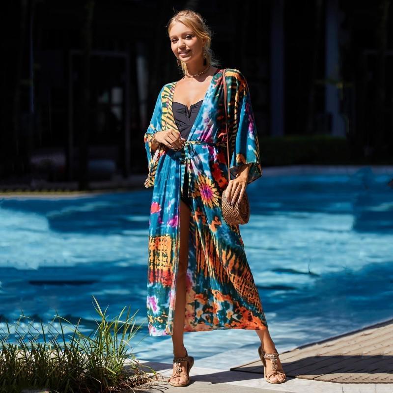 EDOLYNSA Bohemian Swimsuit Cover Up Retro Stripe Samostatný pásek Ženy Letní oblečení Dlouhé Kimono Šaty Plážové Oblečení Bikiny Přikrývky Q1521
