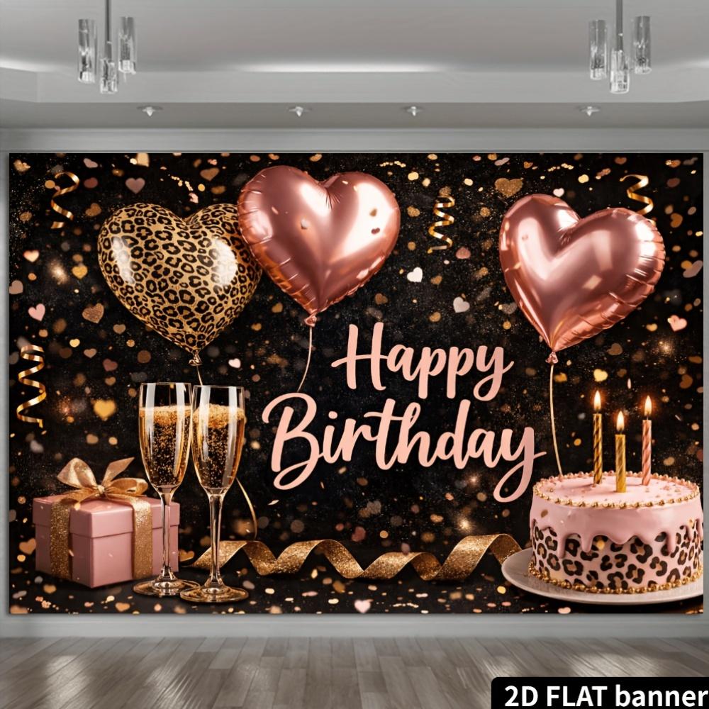 2D Birthday Party Backdrop Banner, with the Theme of a Heart-shaped Cake, Featuring Black and Gold Leopard Print Design