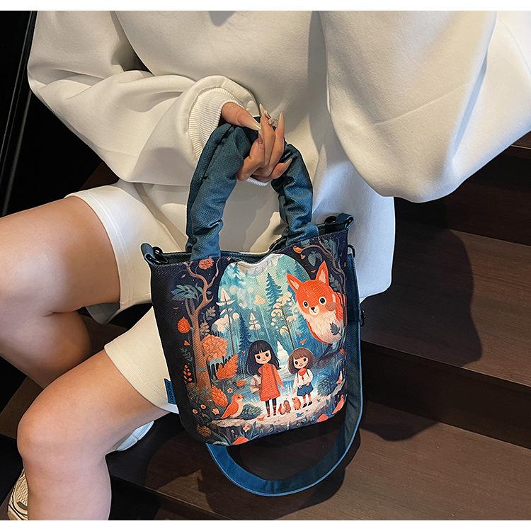 Plátěná taška s potiskem, dámská taška, nová trendy stylová taška přes rameno, taška přes rameno s kreslenou ilustrací, kbelík