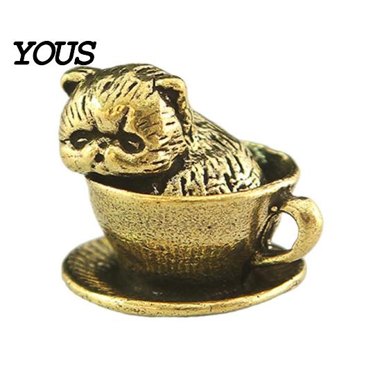 Unique Gifts for Cat Lovers Miniature Teacup Statue, Cute Brass Dog Figurine, Artistic Home Office Desk Decor Collectable Animal DIY Craft,