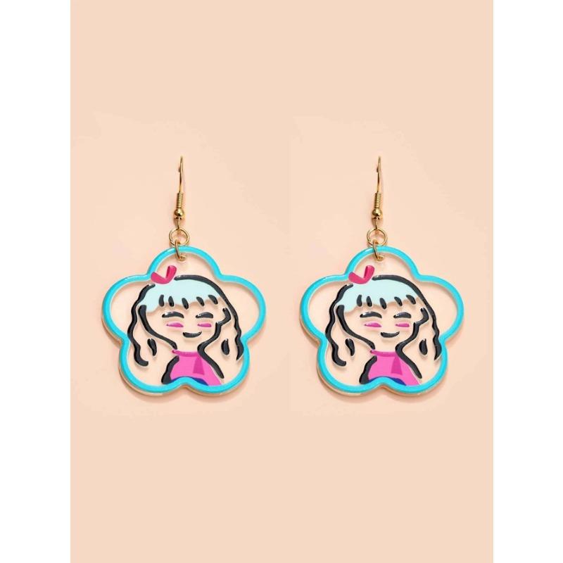 Girl Cartoon Graffiti Flower Acrylic Stud Earrings, Small Fresh and Cute Love Flower Earrings