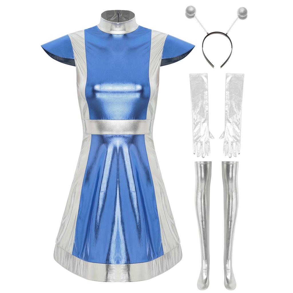 Womens Alien Cosplay Costume Space Fighter Design Metallic Shiny Dress Hair Hoop Long Gloves Stockings