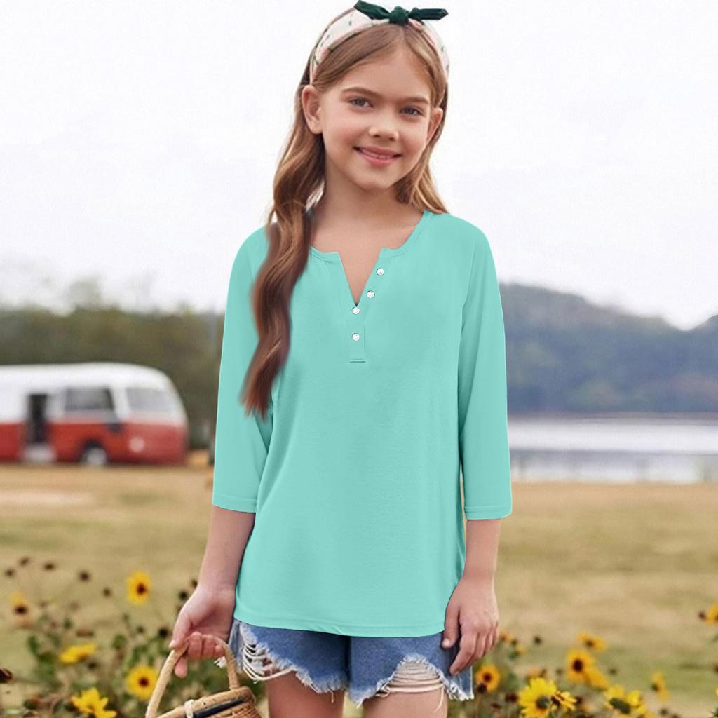 Print Tops For Youth Girls Round Neck 3/4 Sleeves T-Shirts Trendy Tops Outfit Tees