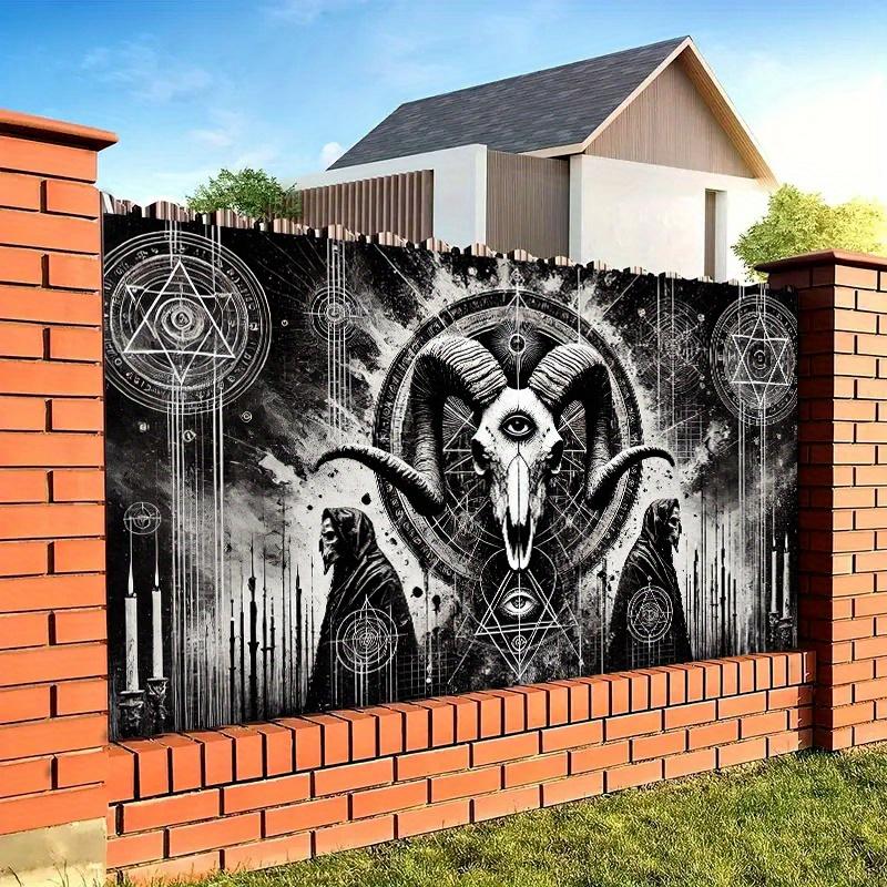 Gothic Infernal Goat Landscape Tapestry, Grunge Occult Symbol Geometry Wall Cloth, Cool Backdrop For Bedroom Home Space Indoor