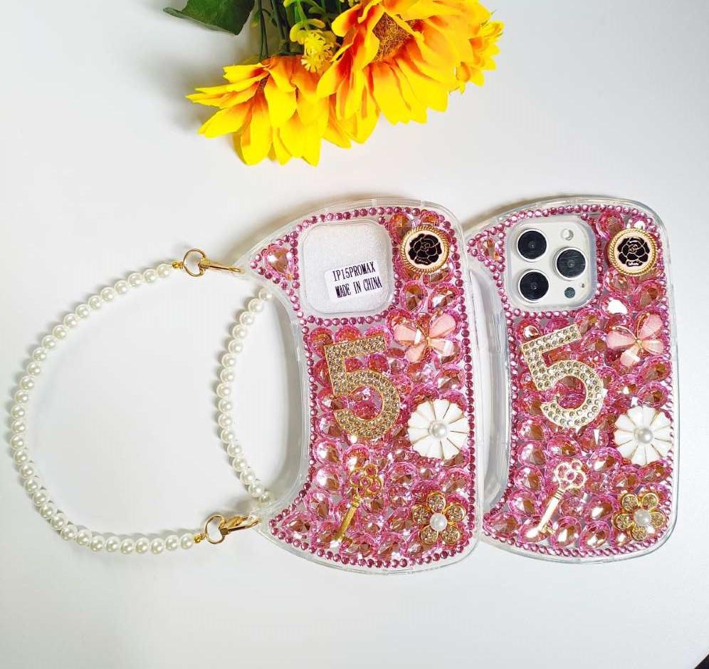 Luxury 14-Diamond Floral iPhone 16 Pro Max Case with Pearl Chain