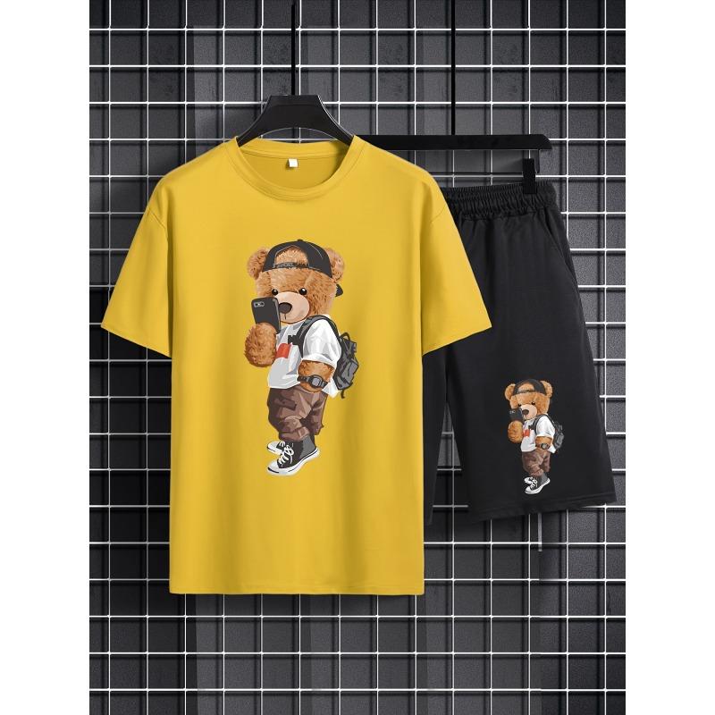 Fashionable Men's Sports Suit Summer Harajuku Casual Short Sleeve O Neck T-shirt and Sports Shorts 3d Bear Printing 2-piece Set