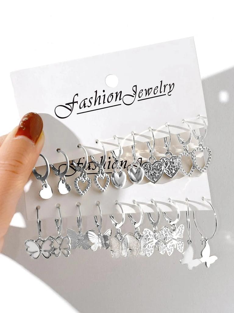 10pcs Gold Color Creative Simple Earrings Set for Women Fashion Temperament Hollowed-out Butterfly Love Earrings Jewelry Gifts