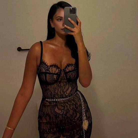 Women's Floral Lace Sexy Cocktail Dress Sleeveless Spaghetti Strap Bodycon Maxi Dress Slim Fit Party Club Evening Dress