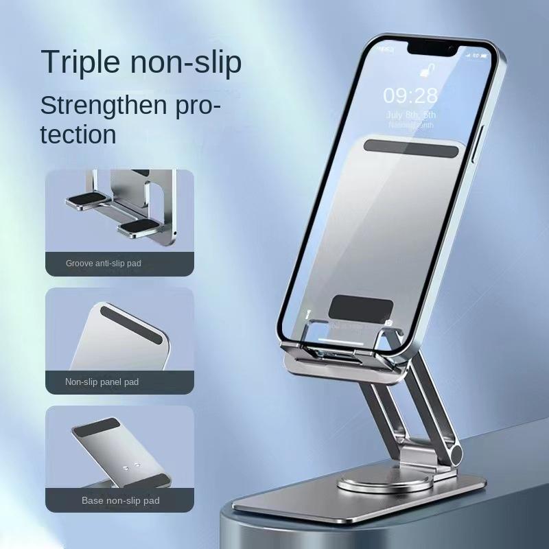 Ny aluminiumslegering roterende sammenleggbar mobiltelefonholder desktop metall to-akse støtte lazy tablet holder