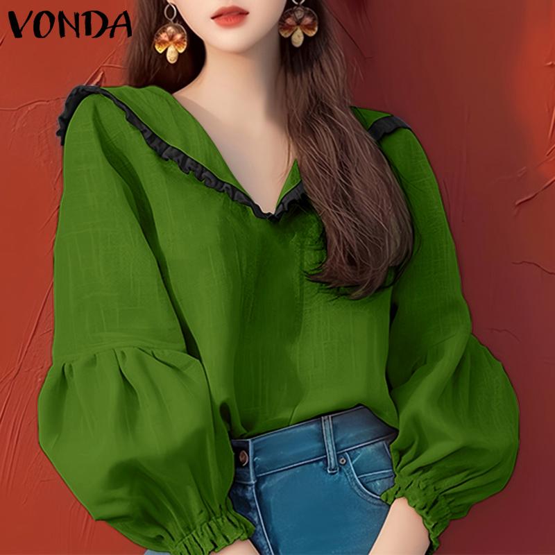 VONDA Women Casual Lace Lapel Long Sleeve Blouses