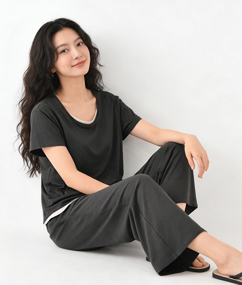 2026 Ultra-Soft Women's Summer Pajamas with Built-in Bra Pads, Short Sleeve & Long Pants, Fake Two-Piece Design