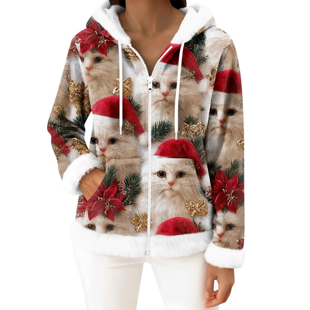 Women's Casual Fashion Long-Sleeved Zip-Up Fleece Hooded Cardigan