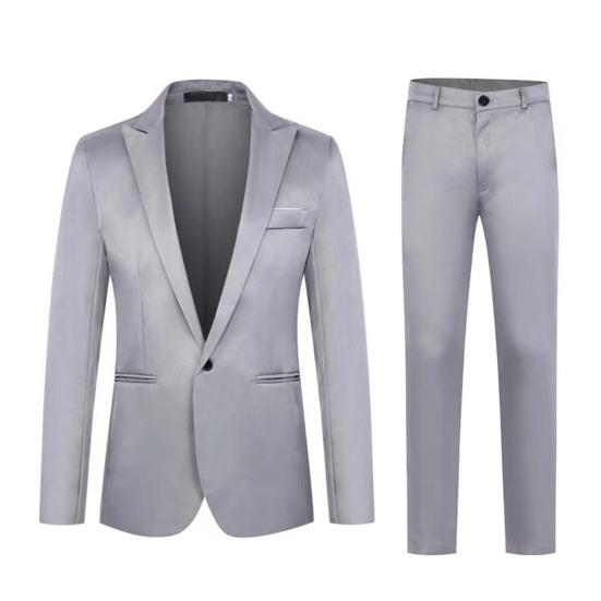 2 adet/takım erkekler bahar sonbahar düz renk takım elbise yaka uzun kollu cepler tek düğme Blazer orta katlı Slim Fit uzun pantolon seti