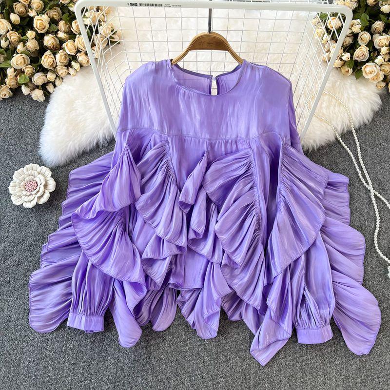 

Fashion Retro Elegant round Neck Loose Long Sleeves Shirt Purple All yards