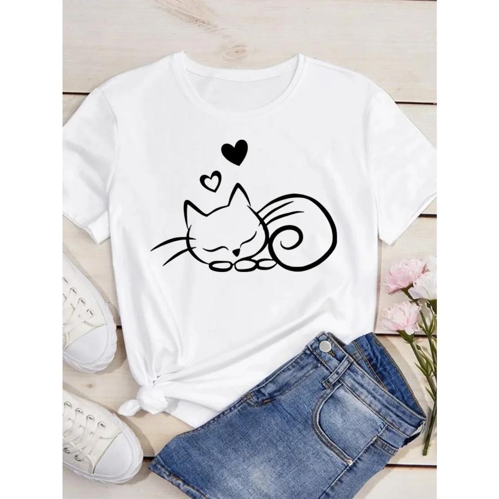 Cute cat print women's T-shirt casual short-sleeved blouse summer women's cartoon street wear Y2k clothing