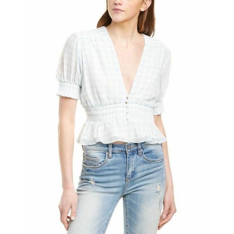 

WAYF Fresh Blue and White Grid Deep V Design Pleating Details Lotus Leaf Swing Puff Sleeve Top Light Blue White Pair L