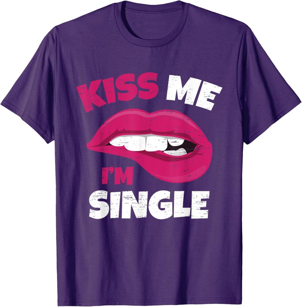 Kiss Me Im Single Lips Graphic Print Round Neck Cotton Short Sleeve T-Shirt Casual Daily Adults